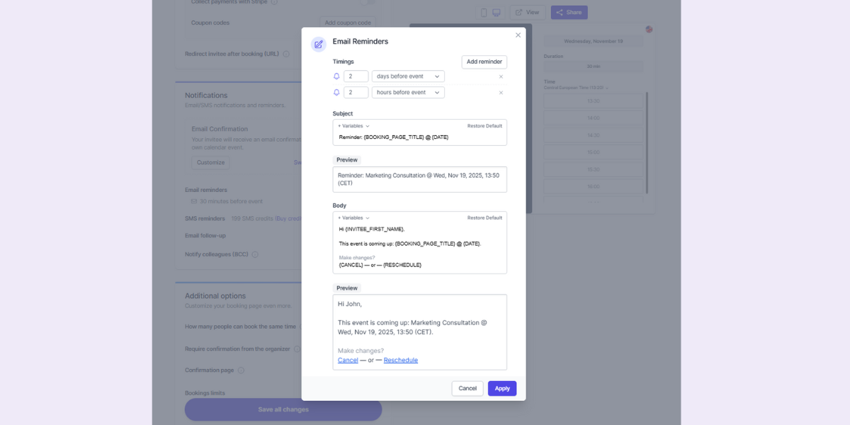 Screenshot of meeting reminder setup in Koalendar